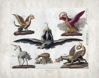 Fabelwesen, Mythical Creatures, Friedrich Justin Bertuch, Phoenix, Unicorn, Dragon, Basilisk, Vegetable Lamb, ca. 1800 Archival Giclée Print