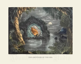 The Grottoes of the Sea, Currier and Ives, Sea Cave, Lithograph Hand-Colored, Coastal Rock Formations, Circa 1869 Archival Giclée Print
