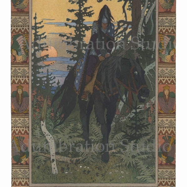 The Black Horseman, Ivan Bilibin, Vasilisa the Beautiful, Alexander Afanasyev, Russian fairy tale, Witchcraft,  Archival Print