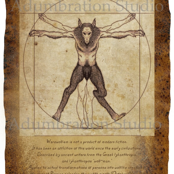 Vitruvian Werewolf Vignette Print, Wolfman, Werewolfism, Lycanthropy, Ancient Etymology, Archival Print