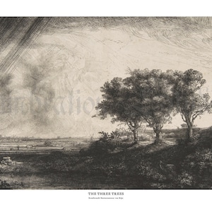 May include: A black and white etching of a landscape with three trees in the foreground and a distant town in the background. The sky is filled with clouds and the sun is shining through them.