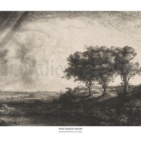 The Three Trees, by Rembrandt Harmenszoon van Rijn, Circa 1643, Unique Landscape, Etching and Drypoint, Archival Print