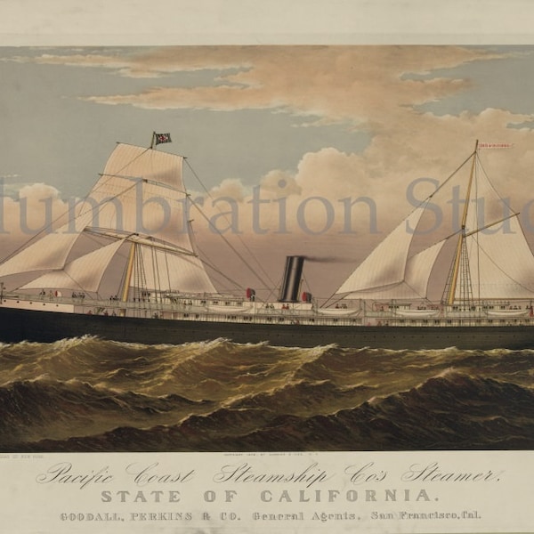 Pacific Coast Steamship Co's Steamer, State of California, by Charles R. Parsons, Victorian Engraving, Currier & Ives Archival Print