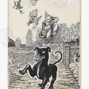 May include: A whimsical black and white illustration titled "A Big Black Dog" by P.K. The artwork depicts a black dog on a stone path, with figures and objects floating above. The background features a graveyard and trees.