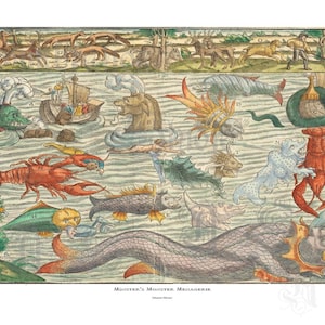 Münster’s Monster Menagerie, Sebastian Münster, 1570 German Chart of Sea Monsters, Cosmographia Archival Print