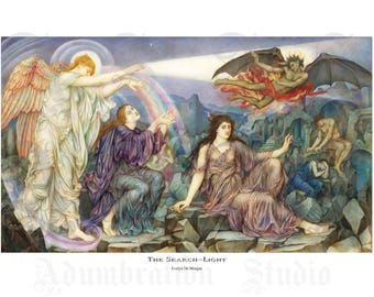 The Search-Light, Evelyn De Morgan, The Pursuit of Light, Art Nouveau Pre-Raphaelite Symbolist, Angel, Satan, Rainbow Archival Giclée Print