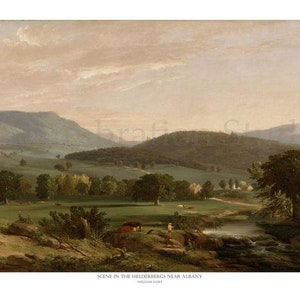 May include: A landscape painting titled "Scene in the Helderbergs Near Albany" by William Hart. The artwork depicts a valley with rolling green hills, trees, a stream, and a cloudy sky. The painting has a naturalistic style.