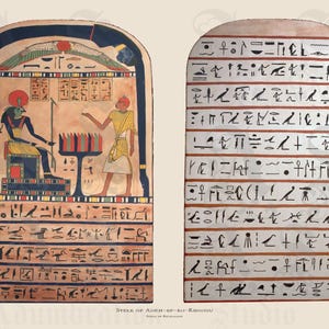 May include: Two arched stone steles featuring ancient Egyptian hieroglyphs. The left stele depicts a seated deity with a sun disk and a standing figure offering items. The right stele contains rows of black hieroglyphic text on a white background.