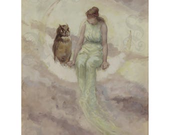 The Witch's Daughter,  Frederick Stuart Church, Girl & Owl, Witchcraft, Dreamlike, Crescent Moon, Aesthetic Archival Giclée Print