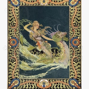 May include: An art nouveau print titled "Taming the Sea Dragon" by Willy Pogany. It depicts a mermaid riding a sea dragon through water, framed by an ornate border with floral and geometric patterns. The color palette includes blues, greens, and gold.