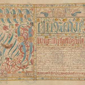 May include: A detailed, illuminated manuscript page with ornate calligraphy and vibrant watercolor illustrations. The page features large, stylized letters in blue and red, floral motifs, and text in a script. The artwork is framed with a decorative border.