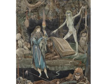 Fausto en la cocina de las brujas, Harry Clarke, Mefistófeles, titíes, brujería, magia negra, ocultismo, circa 1925. Impresión giclée de archivo.