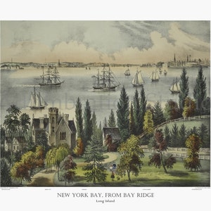 New York Bay, from Bay Ridge, Long Island, 1872 Currier & Ives Lithograph, Archival Print