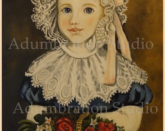 Little Girl with Lace, Early American Folk Painting, Primitive Americana Art, Archival Giclée Print