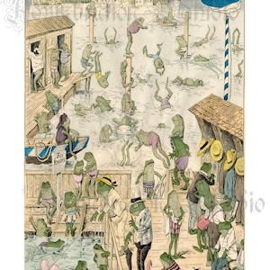 May include: A vintage illustration of a frog swimming school. The image shows a group of frogs in various poses, some swimming, some diving, and some sitting on a dock. There is a sign that reads "Für Kinder" which means "For Children" in German. The image is in a cartoon style and is full of humor.