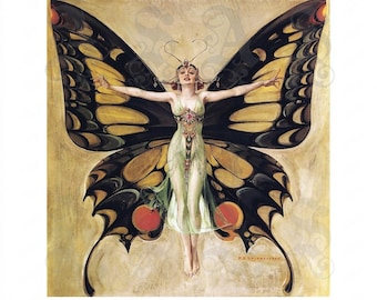 La flapper, moda Art Déco y Art Nouveau, por Frank Xavier Leyendecker, mariposa, vestido enjoyado, impresión giclée de archivo de la era del jazz de la década de 1920.