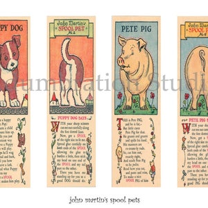 Op de afbeelding: Twee vintage papieren knutselpatronen voor het maken van een puppy en een varken. De patronen zijn uit de Spool Pet-serie van John Martin. De patronen bevatten instructies en een rijmpje voor elk dier.
