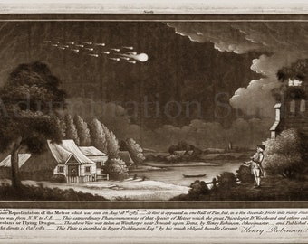 A Meteor Shower in the Night Sky Vignette Print, Draco Volans or Flying Dragon, Astronomical Mezzotint, Archival Giclée Print