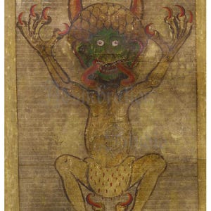 May include: An illustration of a fantastical creature with a green face, red horns, and a long red tongue. The creature has a tan body with red accents on its hands, feet, and lower body. The background is a textured, tan color.
