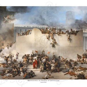 May include: A historical painting depicting the destruction of the Temple of Jerusalem. The artwork shows a chaotic scene with figures in classical attire, smoke, and a building in flames. The title "Destruction of Temple of Jerusalem" is visible.