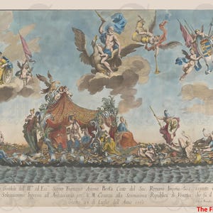 May include: A detailed, colorful illustration of a gondola with figures and cherubs in a sky-blue background. The gondola is adorned with ornate details and figures, with text at the bottom. The artwork is reminiscent of historical Venetian art.