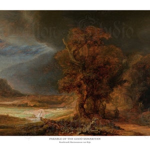 May include: A painting depicting the Parable of the Good Samaritan. The scene is set in a landscape with a large tree in the foreground, a winding road, and a figure lying on the ground. The sky is dark and stormy, with clouds swirling overhead. The painting is attributed to Rembrandt Harmensz van Rijn.