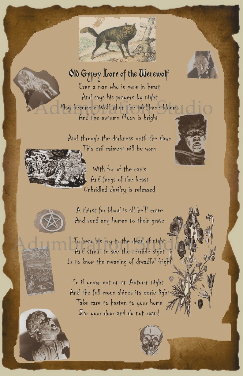 Old Gypsy Lore of the Werewolf Montage Print Gypsy Poem Even Etsy