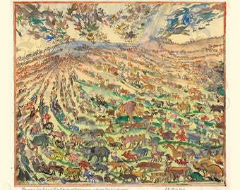 Noah’s Ark, Oskar Laske, Biblical Scene, Expressionist Art, All the Animals Heading Toward the Ark with Bible Quote, Archival Giclée Print