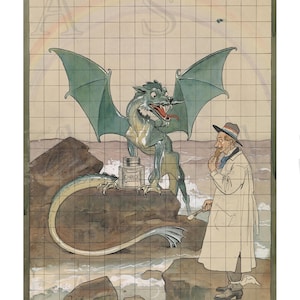 Artist with Dragon by a Pot of Chinol, by  Johan Braakensiek, Magician, Mystic, Supernatural, Art Deco, Occult, Giclée Archival Print