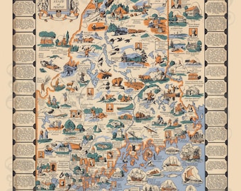 A Romance Map of the State of Maine, 1936, History Map, Mildred C. Green, Maritime, Historical, Folklore, Cultural, Archival Giclée Print