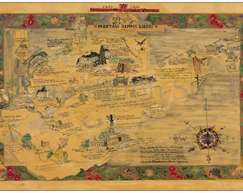 May include: A hand-drawn map of West Virginia with a yellow background and brown, green, and red accents. The map is filled with illustrations and text, including the words "Montani Semper Liberi" and "The Fastest Story in the World".