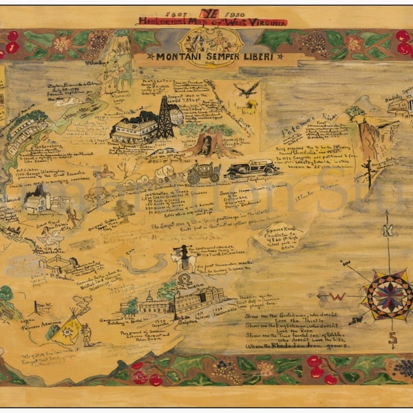 Mapa ilustrado poco común de Virginia Occidental, 1933, mapa histórico, Vivian M. Wotring, impresión de archivo