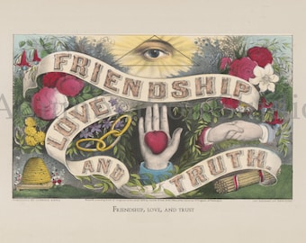 Friendship Love and Truth, Circa 1874 Victorian Lithograph, Beehive of Industriousness, Hand Colored Currier & Ives Archival Print