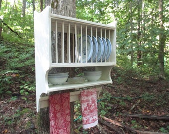 Farmhouse Plate Rack with Primitive Towel Rung, Hanging Plate Rack, Country Kitchen Wall Rack, Handmade