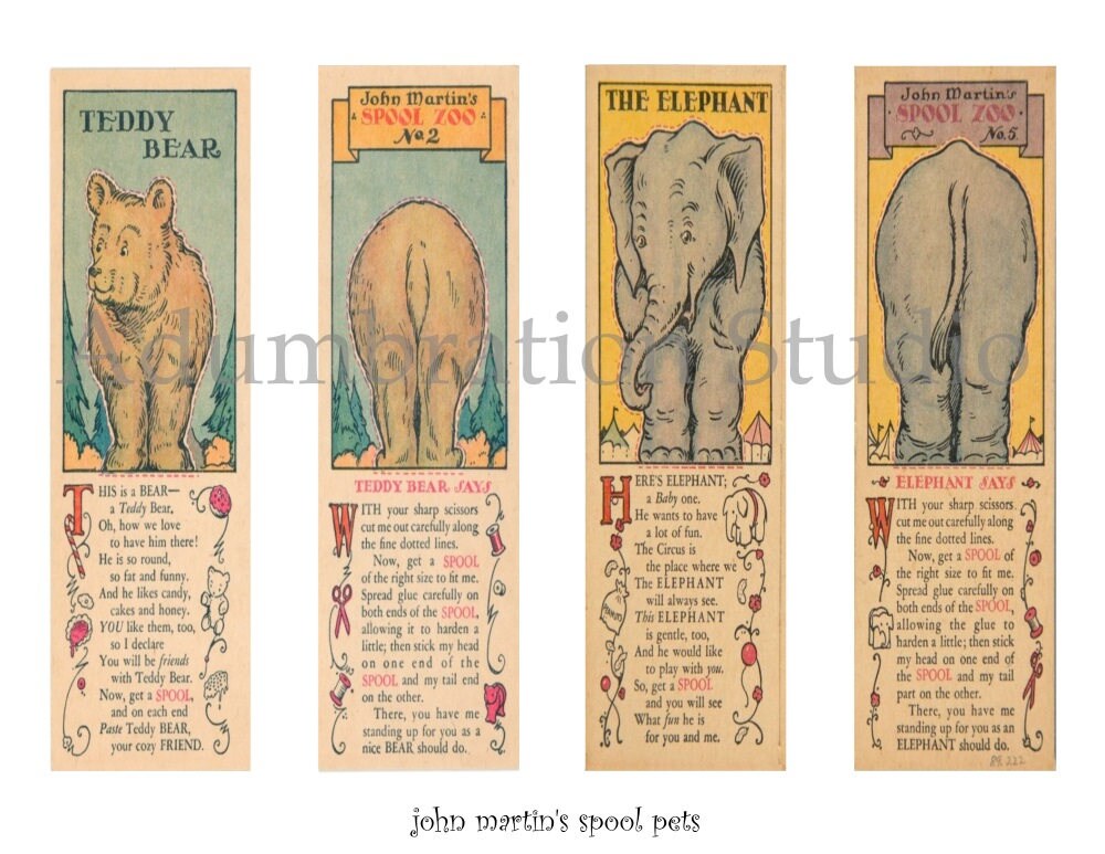 John Martin's Spool Pets Bookmark Set Bear and Elephant  Bookmark Printable, Scrapbooking, Printable Digital Collage Sheet, Instant Download