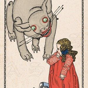 May include: Vintage illustration titled "Der Warwolf" featuring a large gray cat with a menacing grin and a young girl in a red dress. The artwork has a whimsical, slightly unsettling style, with text at the top and right.