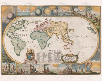 A Map of the Earth After the Flood, Sons of Noah, Archival Giclée Print, Joseph Moxon, Circa 1675, Book of Genesis, Ancient History
