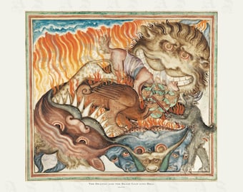 El dragón y la bestia arrojados al infierno, El Apocalipsis de los Claustros, ca. 1330. Iluminación bíblica, Libro del Apocalipsis. Impresión giclée de archivo.