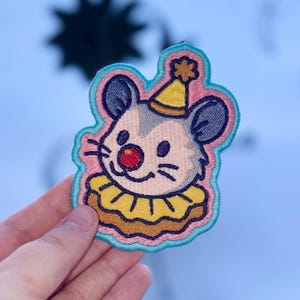 Clown Opossum Iron on Patch, Handmade Embroidered Patch, Punk Rock Jacket Patch