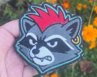 Raccoon Iron-on Patch, Handmade Embroidered Patch, Punk Rock Jacket Patch