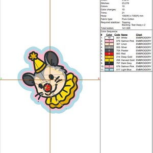 May include: A design worksheet for an opossum clown happy patch. The patch is a cartoon opossum wearing a yellow clown collar and hat. The design is 3.71 inches high and 3.58 inches wide, with 23,278 stitches and 10 colors.