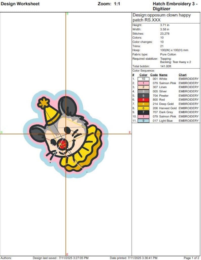 May include: A design worksheet for an opossum clown happy patch. The patch is a cartoon opossum wearing a yellow clown collar and hat. The design is 3.71 inches high and 3.58 inches wide, with 23,278 stitches and 10 colors.