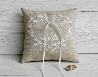 Handmade Linen Ring Bearer Pillow with Embroidery - We do - Rustic Charm