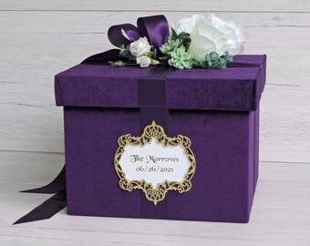 Purple Velvet Wedding Card Box: Handmade Keepsake with White Roses