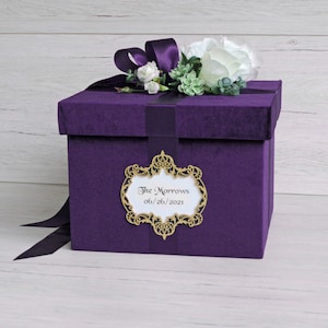 Paarse trouwkaart doos, violet bruiloft geld box, bruiloft aandenken box paars bruiloft thema met witte rozen