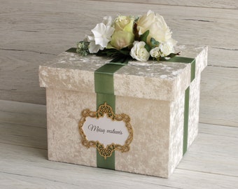 Custom Wedding Card Box: Beige Velvet, Green Ribbon, Silk Flowers