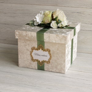 Scatola di carte di nozze ~ Porta carte di nozze personalizzate ~ Salvadanaio beige con nastro verde