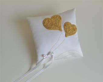 Ring Bearer Pillow ~ Satin Ring Pillow ~ White and Gold Ring Bearer Cushion ~ Wedding Ring Pillow for Ceremony with Golden Hearts
