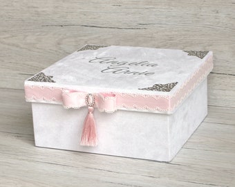 Personalized White Velvet Gift Box: Wedding Keepsake with Silver Accents