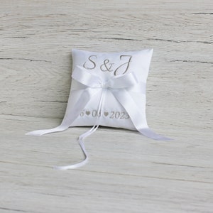 Ring Bearer Pillow with Silver Embroidery Personalised White Satin Ring Pillow Handmade Ring Bearer Cushion Wedding Ceremony Pillow image 8